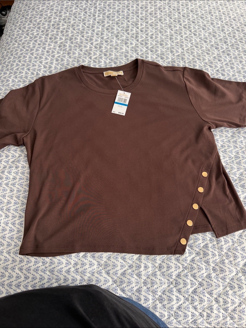 MICHAEL Michael Kors Brown Short-Sleeve Crewneck Top with Gold-Tone Side Buttons
